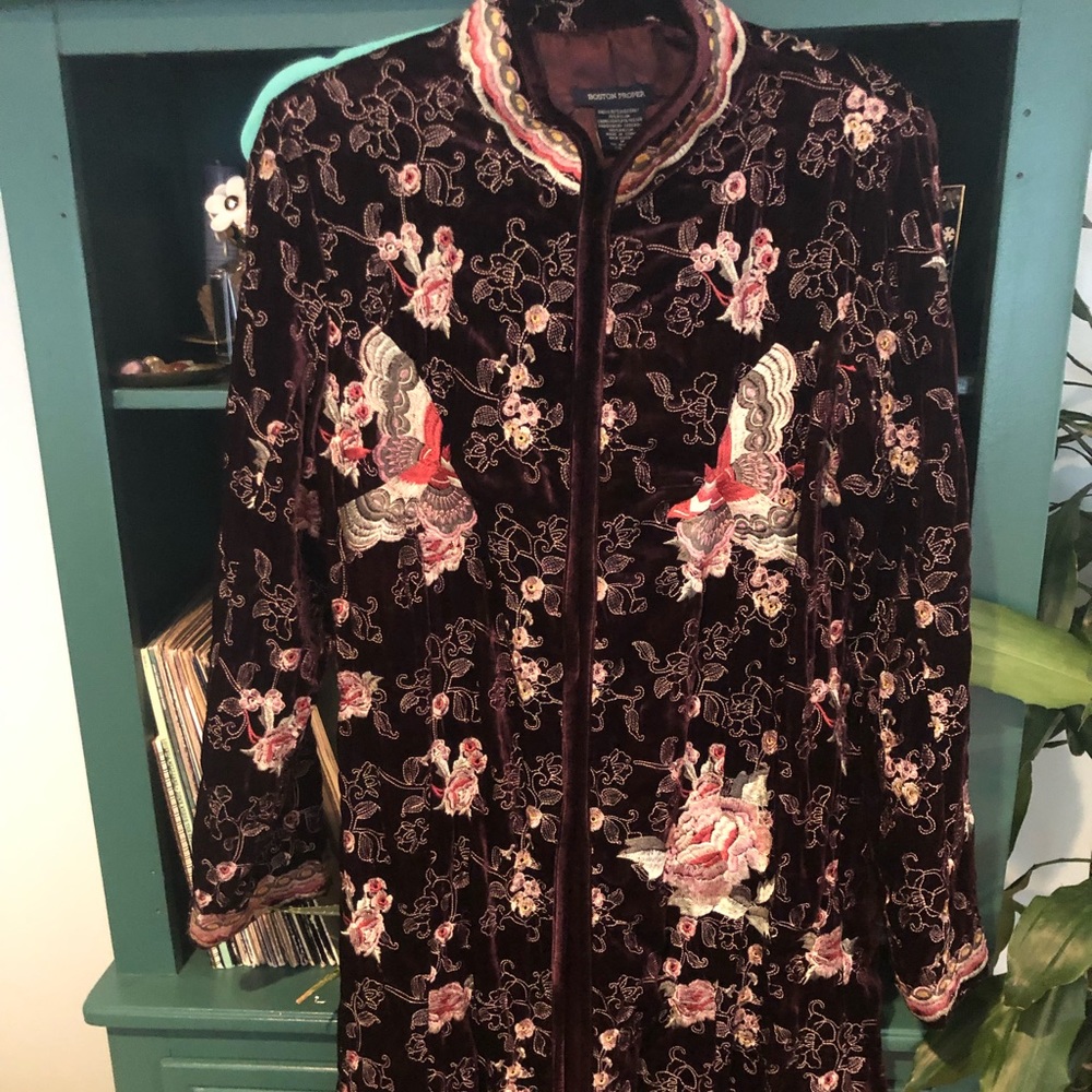 Boston Proper long Velvet Embroidered Coat